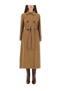 A camel-colored wool double-breasted coat with belted waist and classic collar by S Max Mara in sem beige