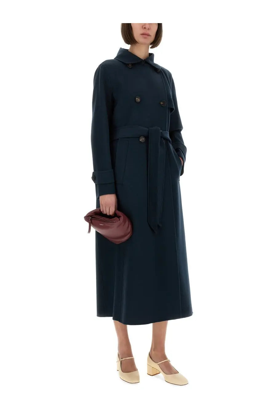 Navy blue double-breasted trench coat with belted waist and long sleeves by S Max Mara women sem blue