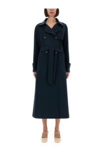 A navy blue sem blue double breasted trench coat by S Max Mara with belted waist and classic collar for women