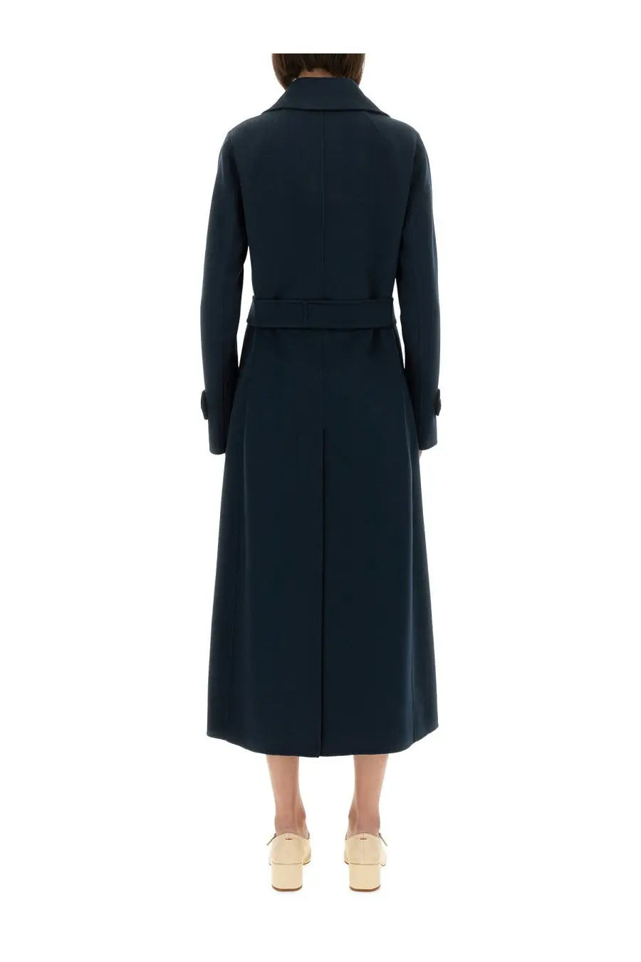 S Max Mara women’s sem blue double breasted navy blue trench coat with belted waist and long sleeves
