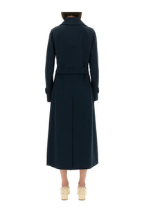 S Max Mara women’s sem blue double breasted navy blue trench coat with belted waist and long sleeves