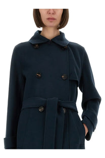 S Max Mara women’s double breasted navy blue wool coat with dark brown buttons and matching belt front view