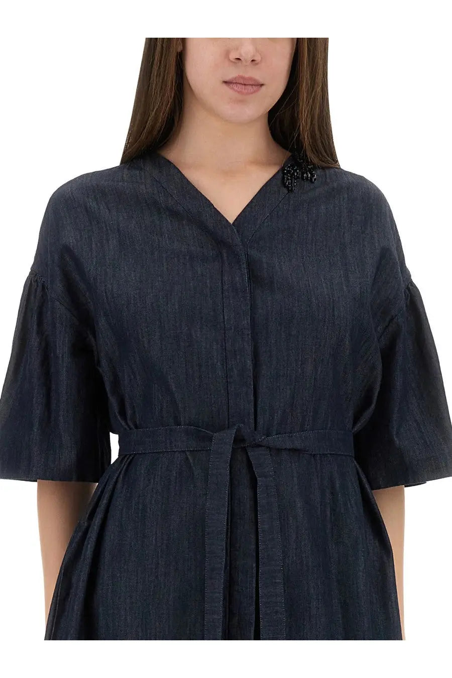 S Max Mara women’s dark blue denim dress dania with v-neck short flutter sleeves and self-tie belt