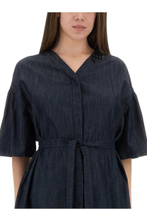 S Max Mara women’s dark blue denim dress dania with v-neck short flutter sleeves and self-tie belt