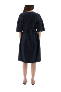 A s max mara women’s navy blue cotton dress with short puffed sleeves and a belted waist