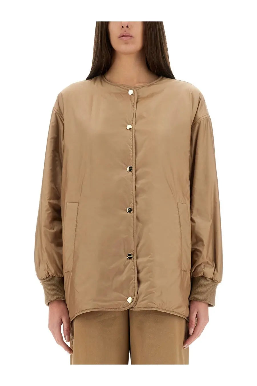 Beige quilted bomber jacket with ribbed cuffs and front button closure from S Max Mara womens Greena the Cube collection
