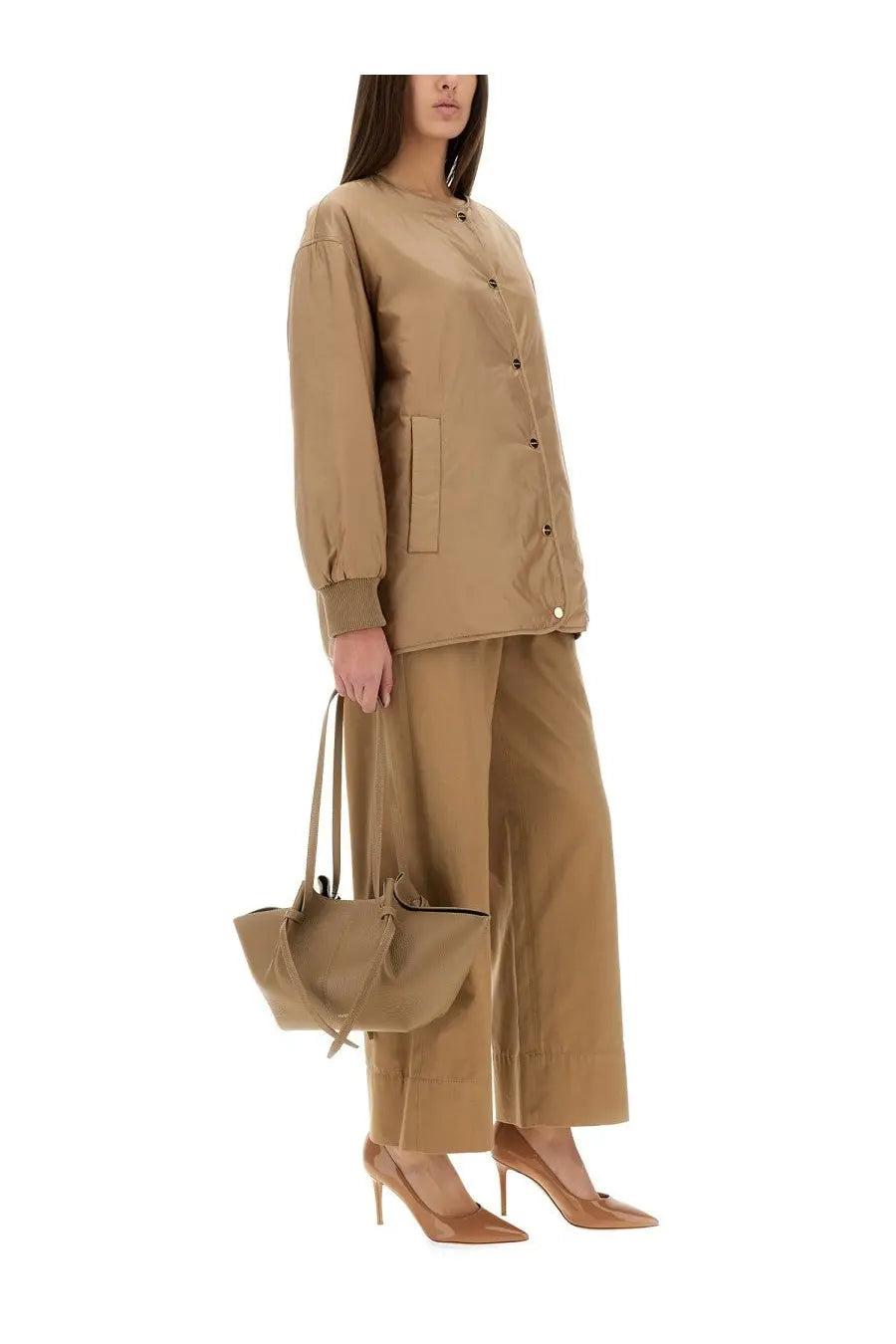 Tan canvas tote bag with adjustable shoulder strap and front zipper closure from s max mara womens greena the cube jacket beige collection