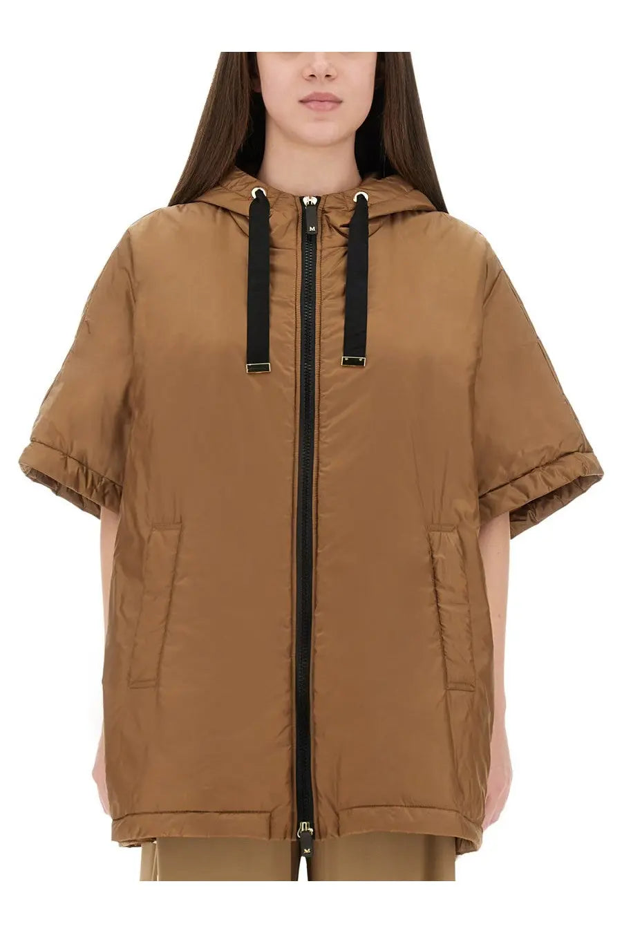 Tan hooded padded jacket with short sleeves and black drawstrings by S Max Mara in beige for women
