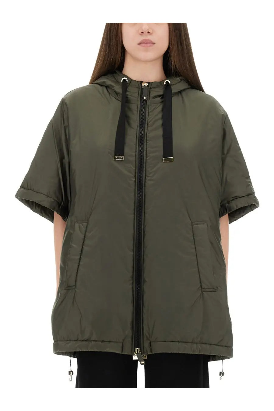 S Max Mara women’s green olive padded jacket with short sleeves black drawstrings and zipper accents