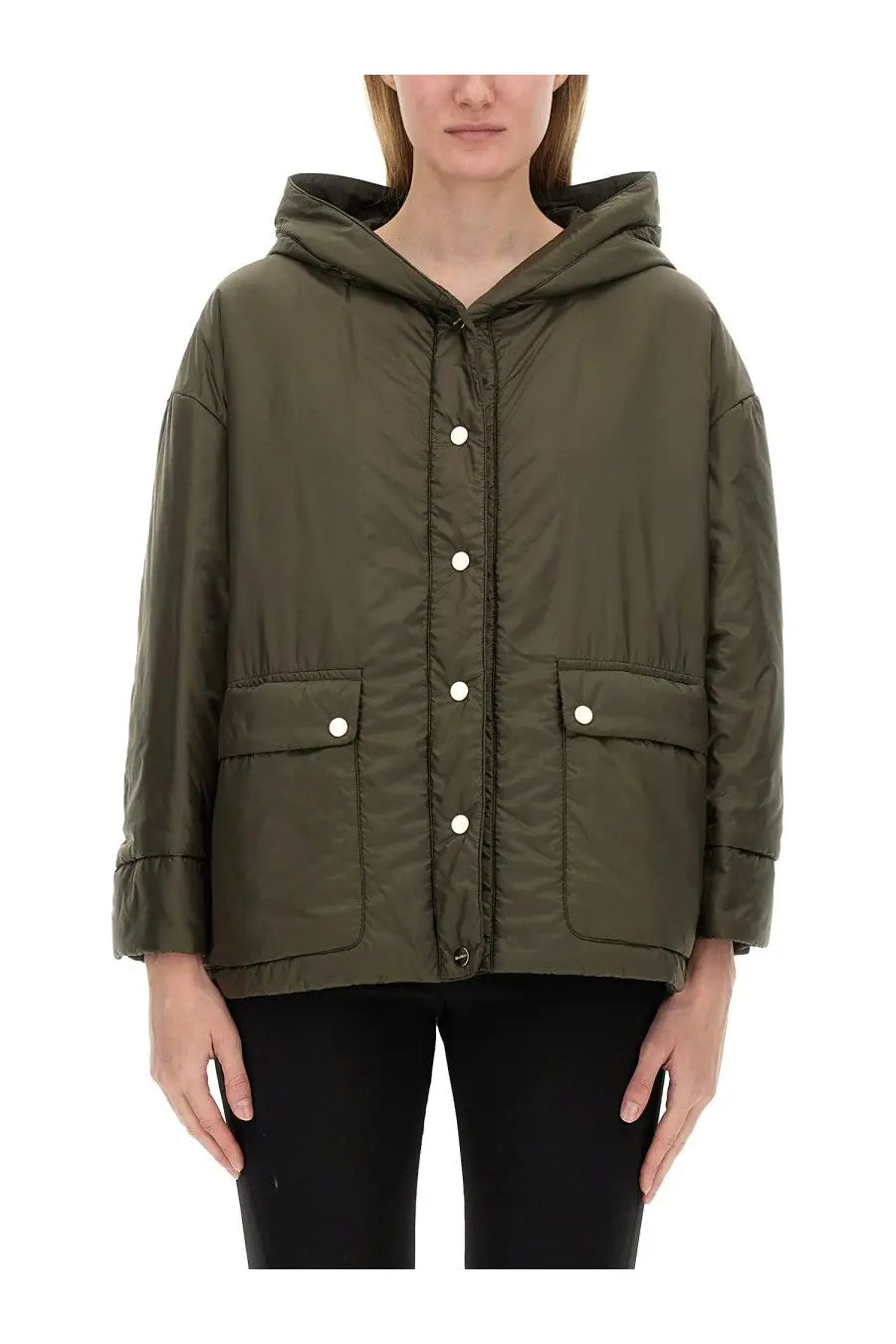 S Max Mara Women’s Greenmo the Cube olive green quilted hooded jacket with white buttons and two front pockets