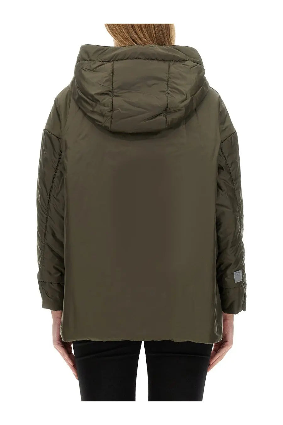 S Max Mara women’s greenmo the cube olive green quilted hooded jacket with sleek modern design and subtle stitching details