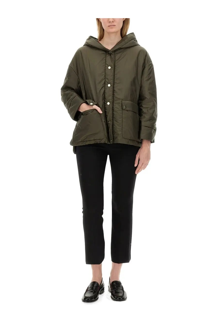 S Max Mara women’s olive green quilted hooded jacket with button closures and front pockets Greenmo the Cube jacket