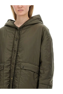 S Max Mara women’s Greenmo the Cube olive green quilted hooded coat with black drawstring and silver buttons