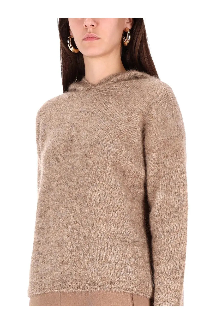 S Max Mara women’s beige fuzzy knit hoodie sweater with relaxed fit and ribbed cuffs