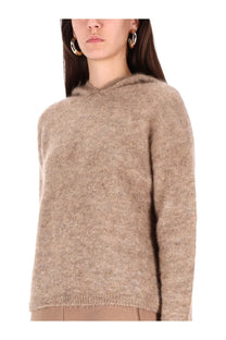 S Max Mara women’s beige fuzzy knit hoodie sweater with relaxed fit and ribbed cuffs