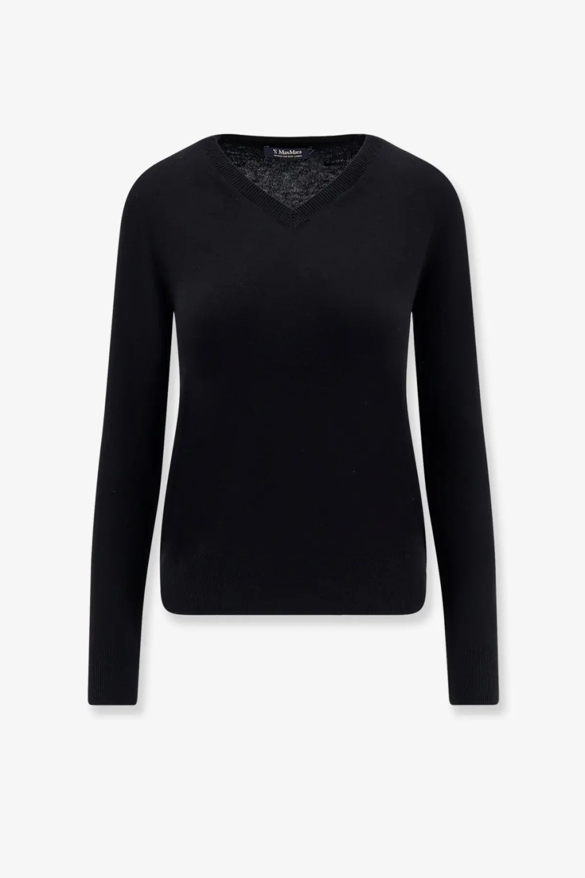 Black v-neck wool sweater for women by s max mara with subtle textured inner lining