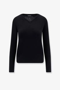 Black v-neck wool sweater for women by s max mara with subtle textured inner lining