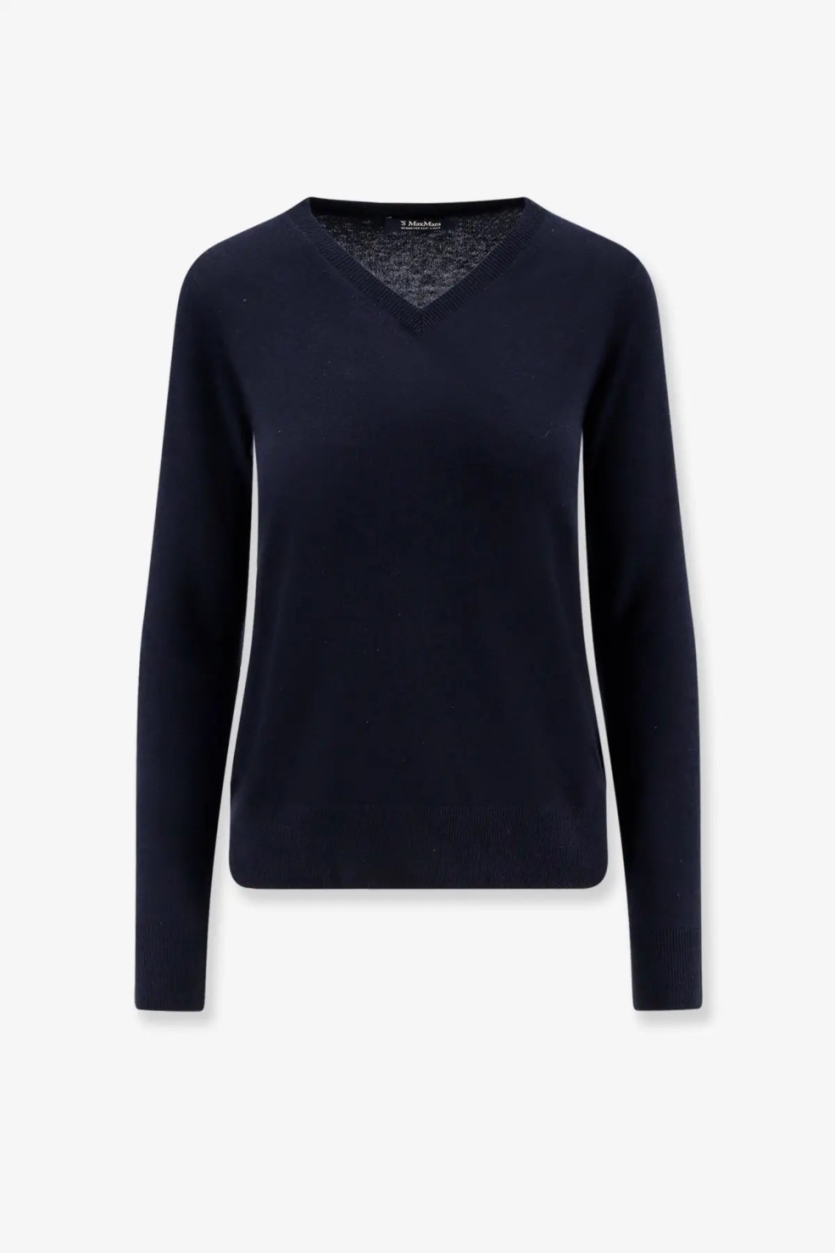 S Max Mara women’s Idonero wool sweater in navy blue with v neck smooth knit texture and ribbed cuffs