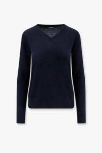 S Max Mara women’s Idonero wool sweater in navy blue with v neck smooth knit texture and ribbed cuffs
