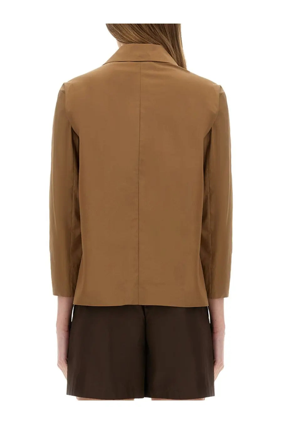 S max mara women’s camel-colored blazer in beige showing structured back and long sleeves in sleek design