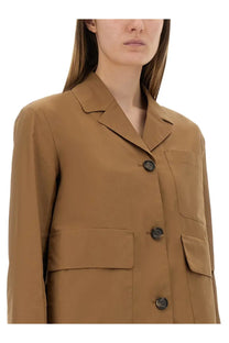 S Max Mara women’s tan blazer jacket Priscilla beige with structured shoulders notched lapel and three dark front buttons
