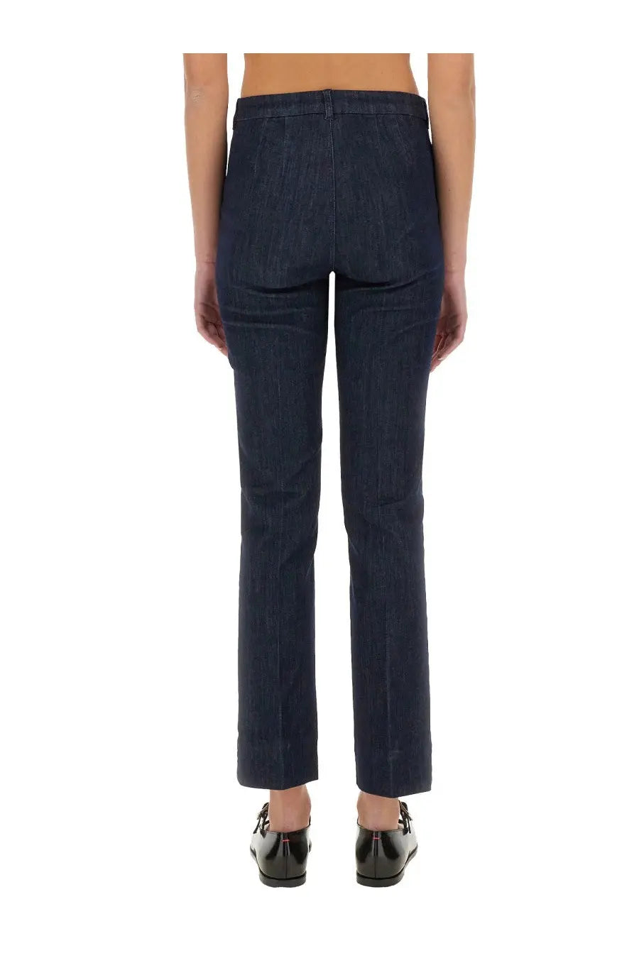 S max mara women’s jeans uberti blue dark blue denim trousers with straight-leg cut and classic back pockets shown from back