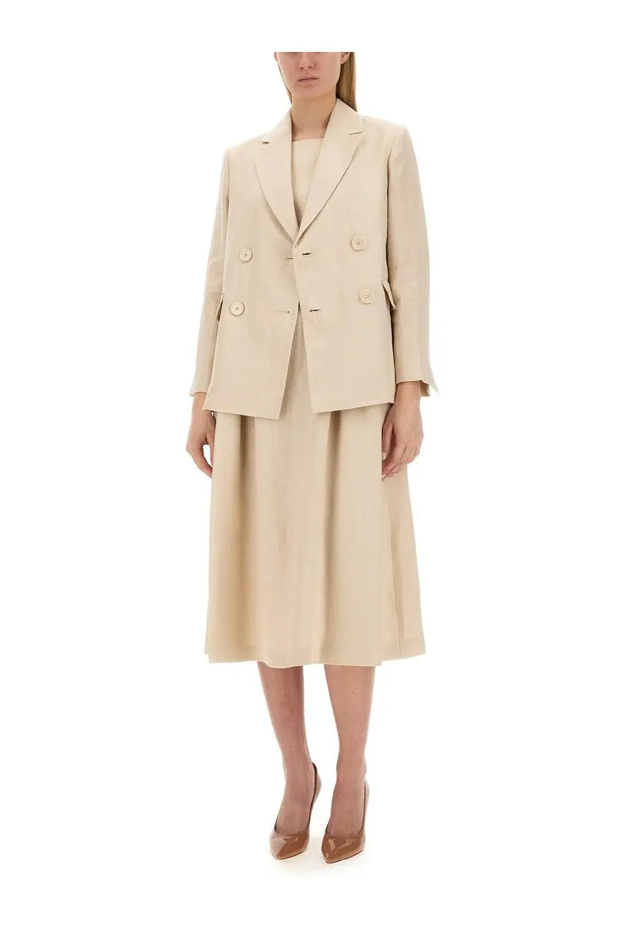 S Max Mara women’s Laura jacket beige double-breasted blazer with matching midi skirt in structured fabric