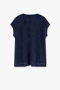 S max mara women’s navy blue short-sleeved knit top in linen blend perfect for casual wear