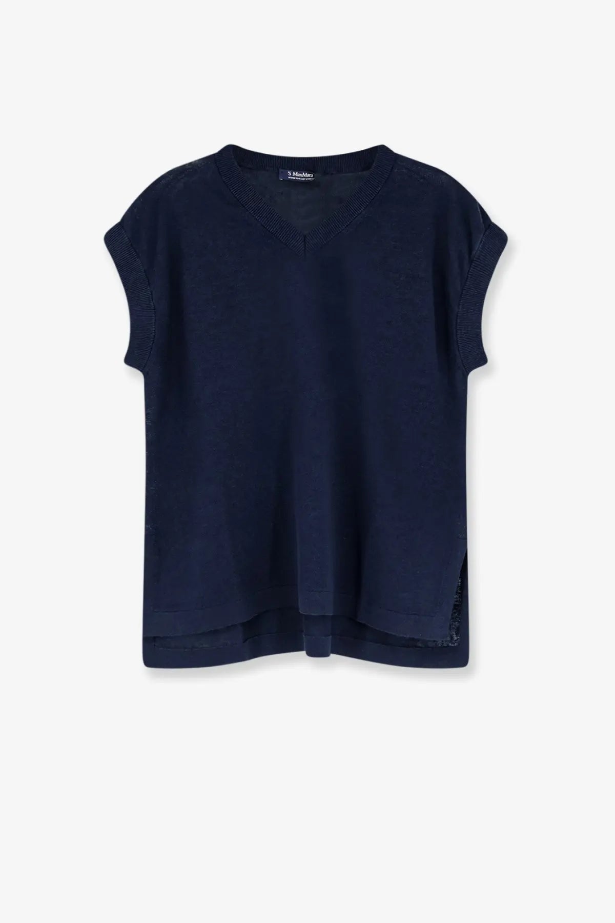 S max mara women’s navy blue short-sleeved linen knit top with ribbed cuffs and v-neckline