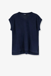 S max mara women’s navy blue short-sleeved linen knit top with ribbed cuffs and v-neckline