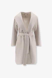 S Max Mara women’s Messi virgin wool coat in white with a wide collar, soft fabric, and a belted waist