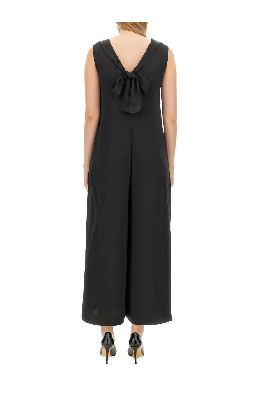 Black sleeveless jumpsuit with deep v-back and tied bow detail from s max mara morian suit collection