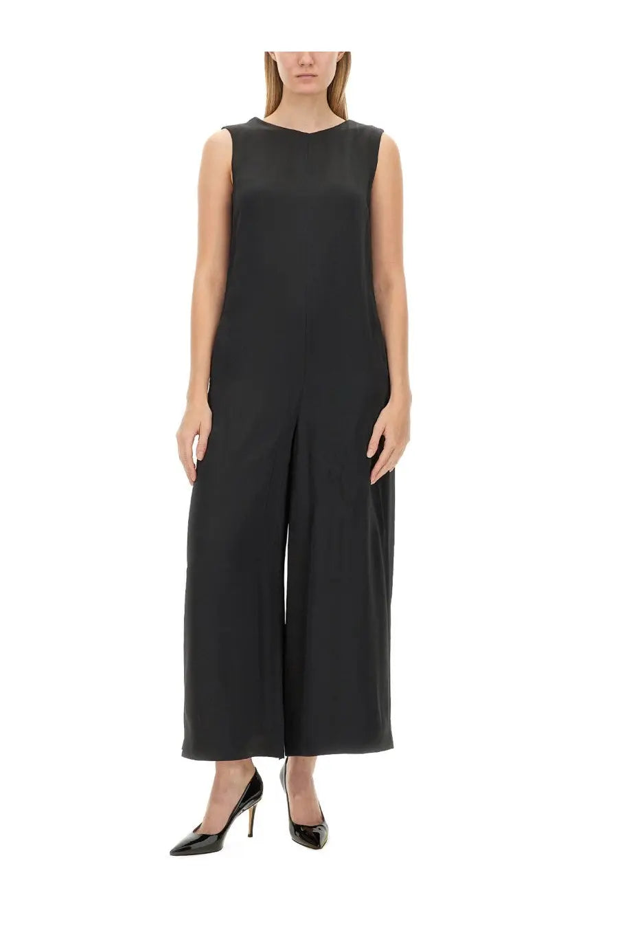 S Max Mara women’s Morian suit black sleeveless jumpsuit with wide-leg pants made of smooth flowing fabric