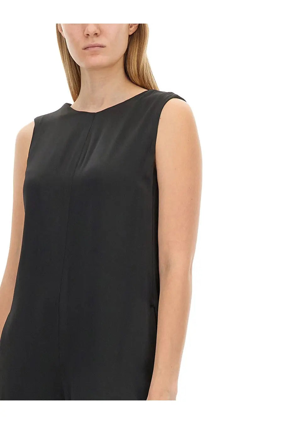 S Max Mara women’s Morian suit black sleeveless top with subtle pleated neckline and smooth flowing fabric