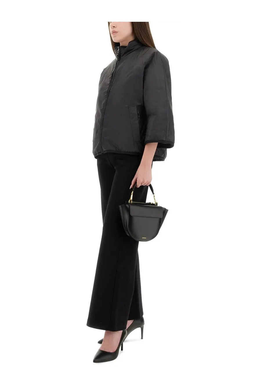 Black leather half moon handbag with gold hardware featured with s max mara women’s quilted jacket delfina black