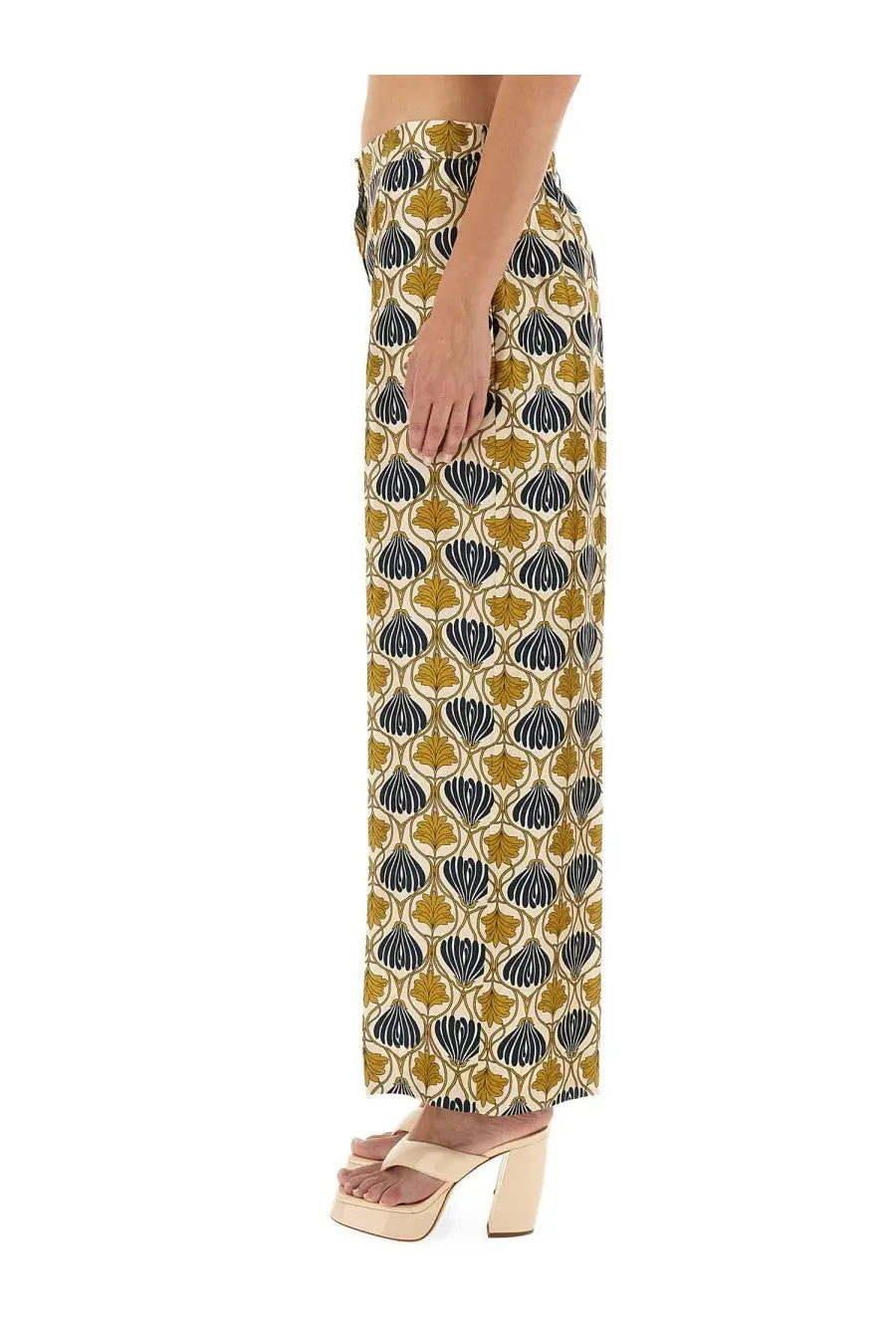 S Max Mara women’s silk wide-leg pants in mustard and navy leaf pattern with high waistband lightweight fabric