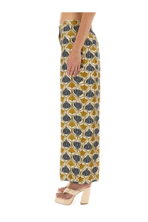 S Max Mara women’s silk wide-leg pants in mustard and navy leaf pattern with high waistband lightweight fabric