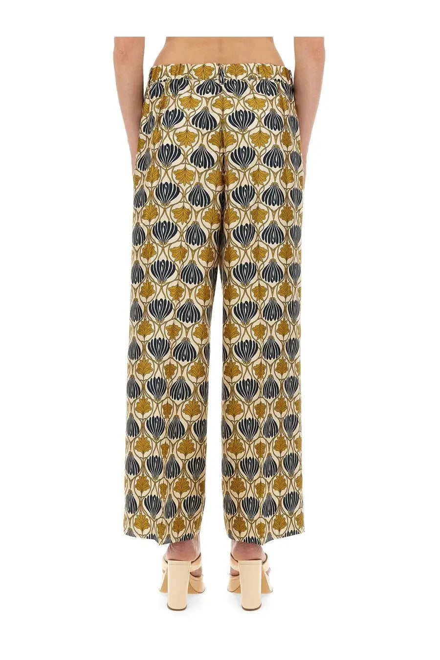S Max Mara women’s silk wide-leg trousers in mustard yellow and navy blue leaf pattern with elastic waistband