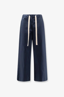 Navy blue s max mara ssmargento wide-leg distressed cotton trousers with drawstring waistband and cream ribbons