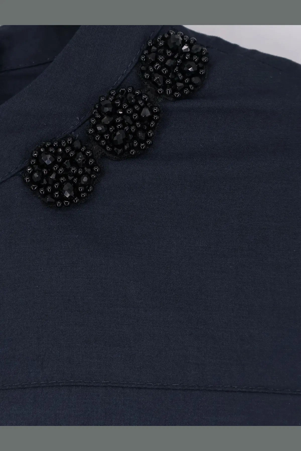 S Max Mara women’s smmclarissa dark navy cotton long dress with three black beaded embellishments along neckline