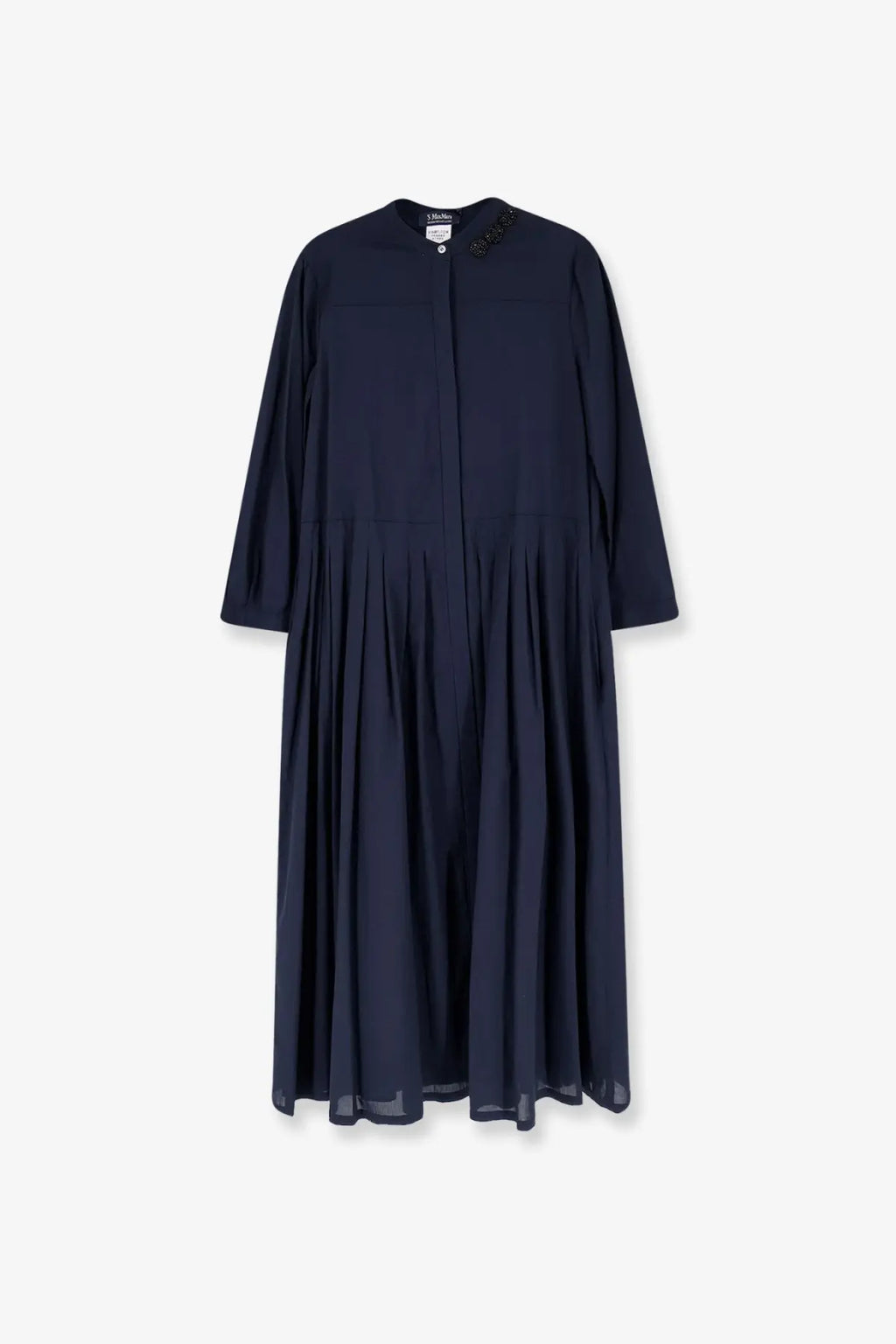 S max mara women’s smmclarissa navy blue cotton long dress with pleated skirt and embellished neckline