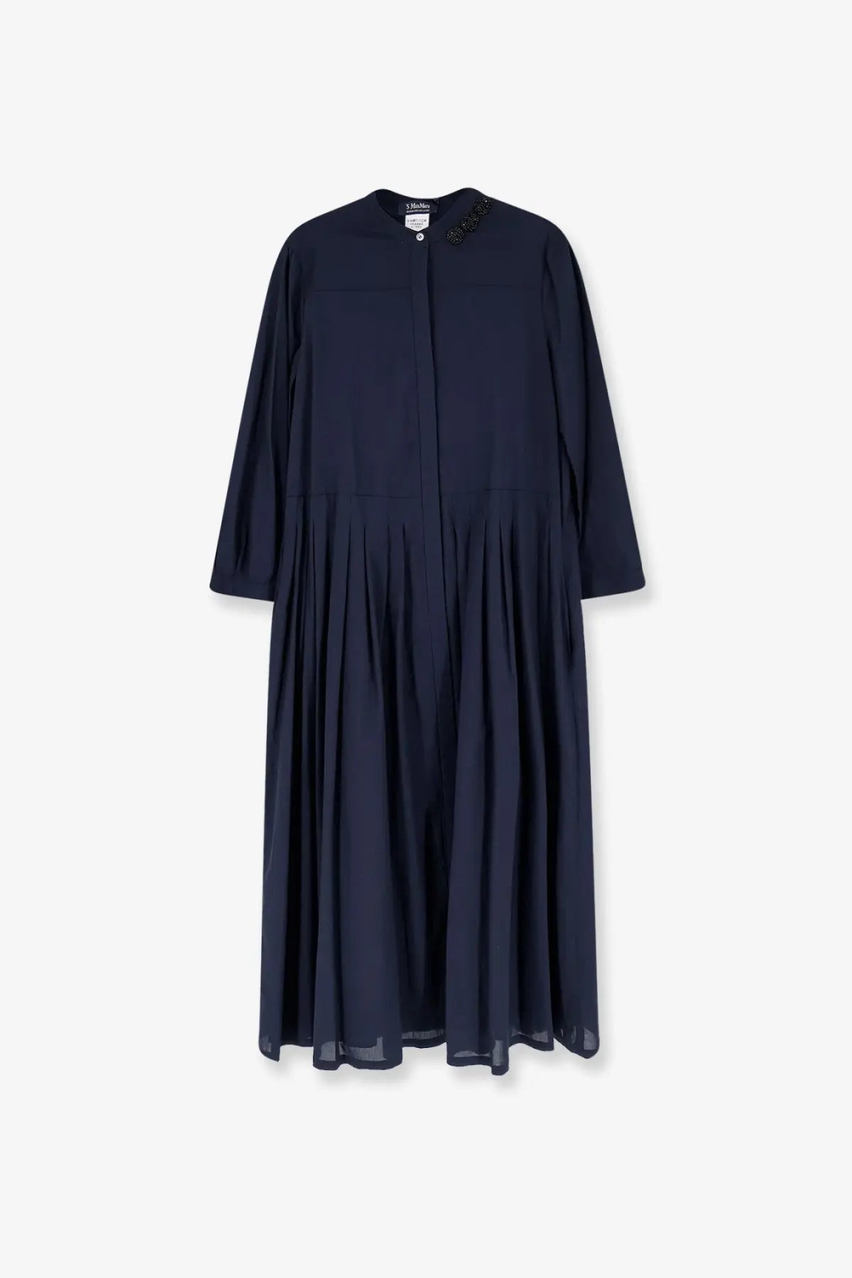 S max mara women’s smmclarissa navy blue cotton long dress with pleated skirt and embellished neckline
