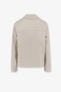 S Max Mara women’s beige linen and cotton blazer with subtle woven pattern and structured collar in white tone