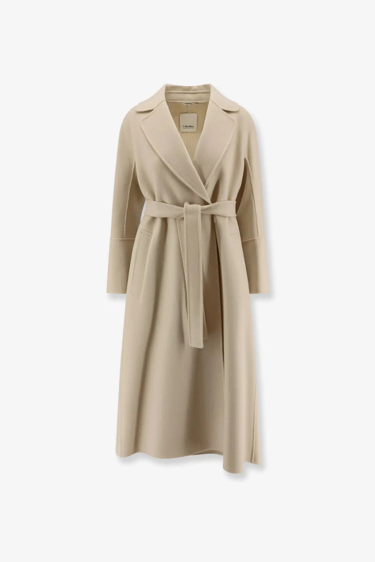 Beige wool coat with belted waist and classic collar from S Max Mara Smmelisa double face fabric collection