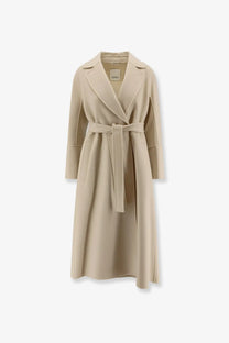 Beige wool coat with belted waist and classic collar from S Max Mara Smmelisa double face fabric collection
