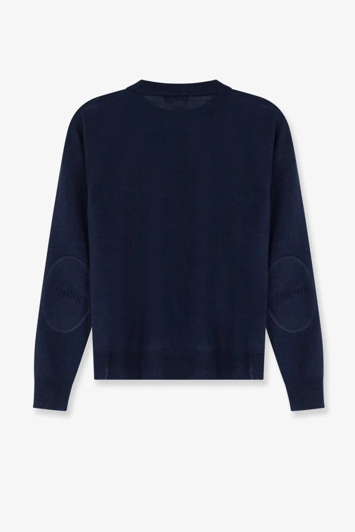 Dark navy blue knitted linen sweater for women by s max mara with subtle embroidered logos on elbow patches