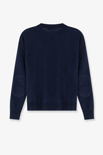 Dark navy blue knitted linen sweater for women by s max mara with subtle embroidered logos on elbow patches