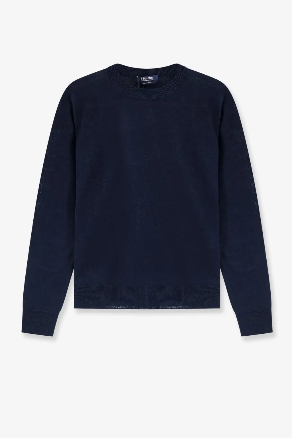 A navy blue linen crewneck sweater by S Max Mara with ribbed cuffs and hem featuring textured sleeve pattern