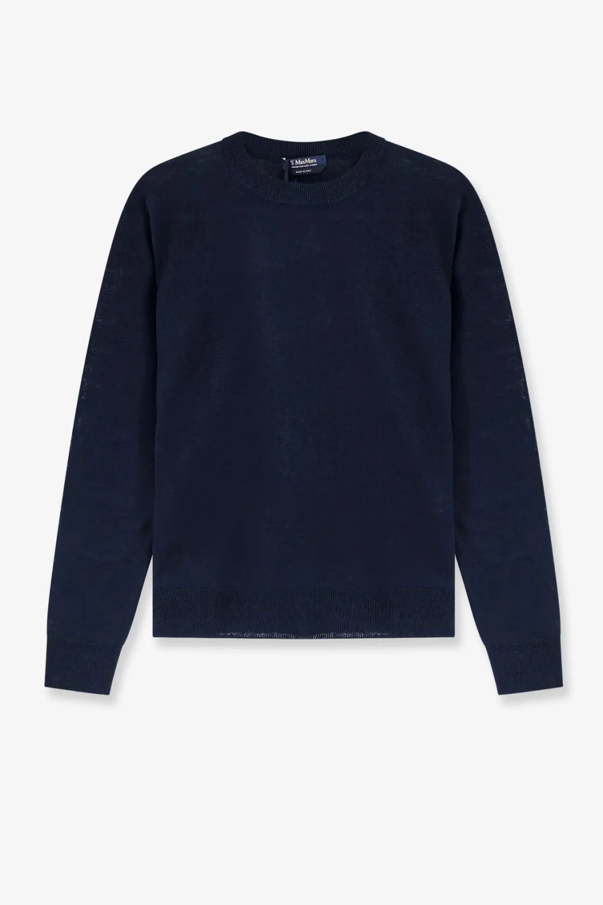 A navy blue linen crewneck sweater by S Max Mara with ribbed cuffs and hem featuring textured sleeve pattern