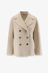S max mara women’s smmmargot double fabric beige wool coat with cream color double-breasted design and dark brown buttons